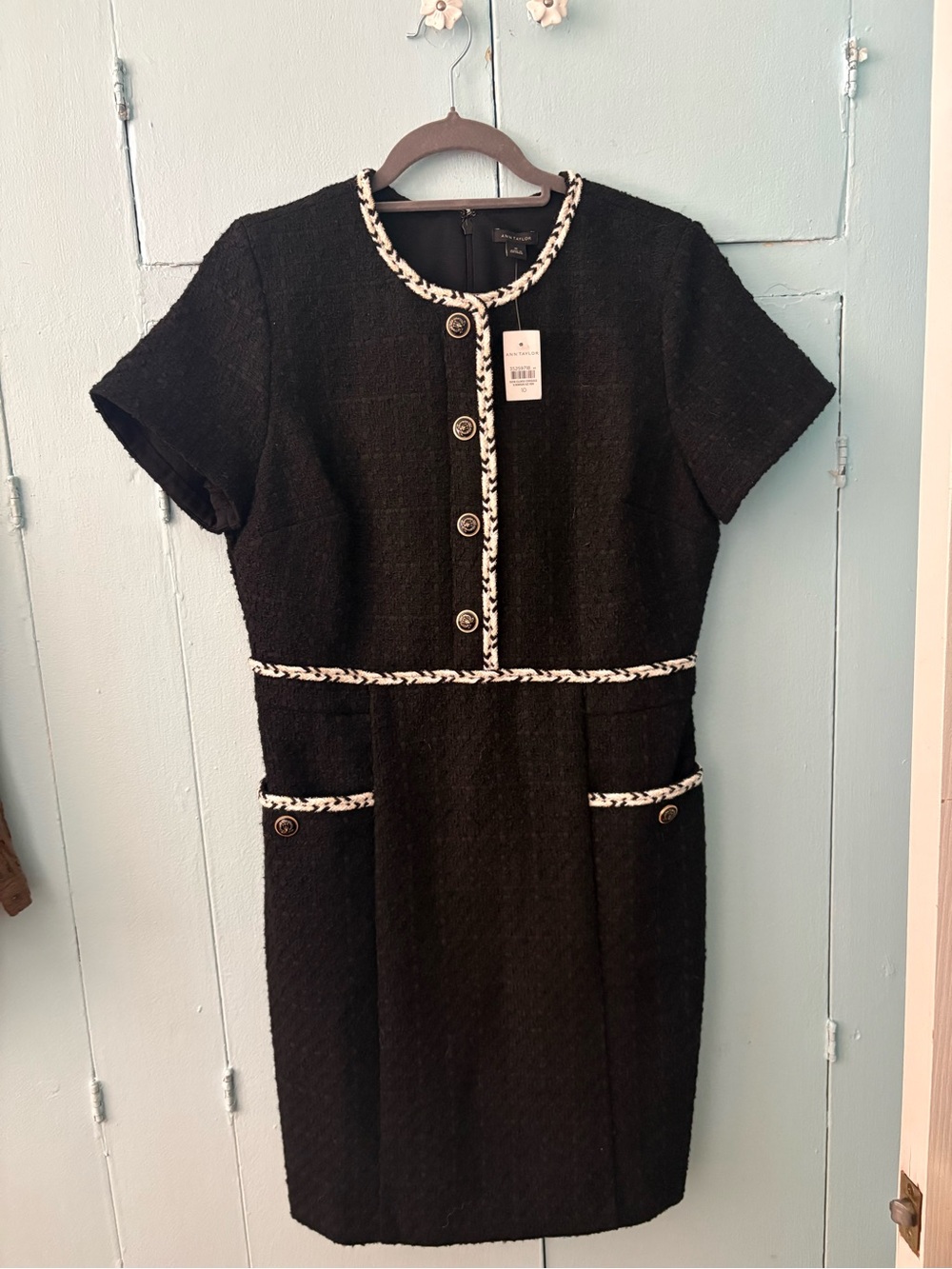 Ann Taylor Black Tweed Mini Dress with White Braid Trim